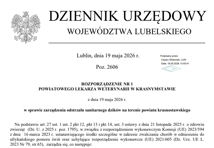 zarządzenia odstrzału sanitarnego dzików na terenie powiatu krasnostawskiego